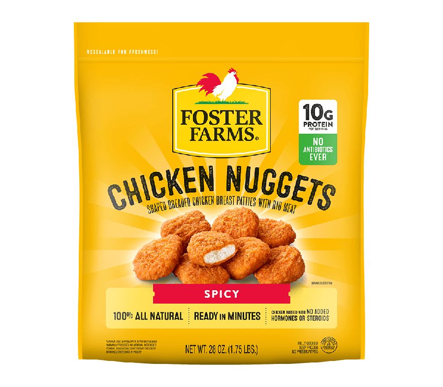 Redesigned Foster Farms Chicken Nuggets bag with edge-to-edge yellow, radiant light and a Spicy ticket
