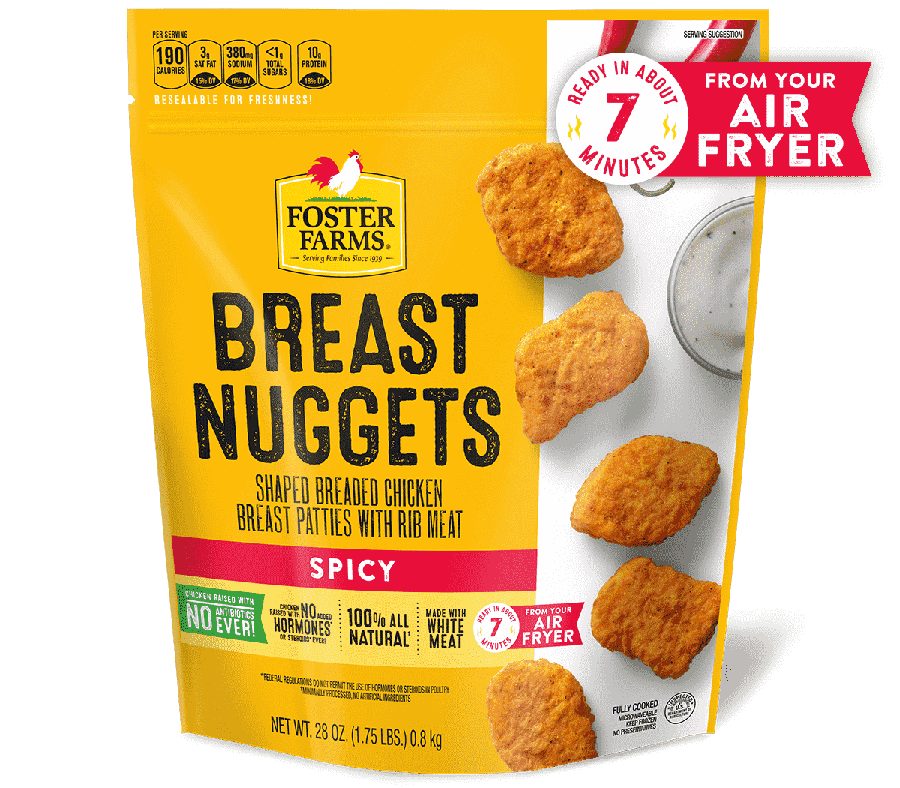 Previous Foster Farms Breast Nuggets bag with a white photography field splitting the yellow panel