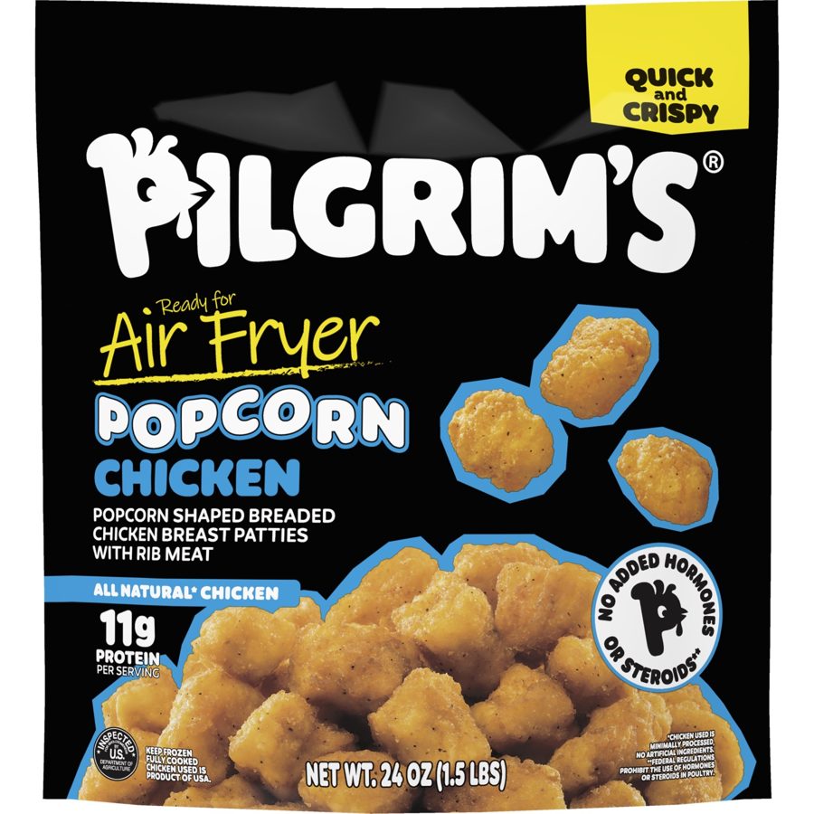Redesigned Pilgrim’s Popcorn Chicken bag with Quick and Crispy flag, air fryer cue and 11g protein