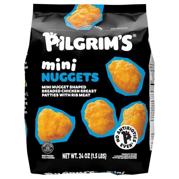 Previous Pilgrim’s Mini Nuggets bag with cyan blue callouts behind floating nugget shapes