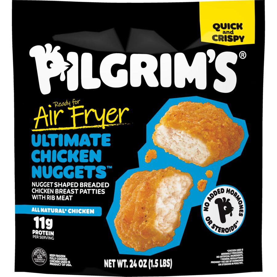 Redesigned Pilgrim’s Ultimate Chicken Nuggets bag showing two oversized cut-through nuggets